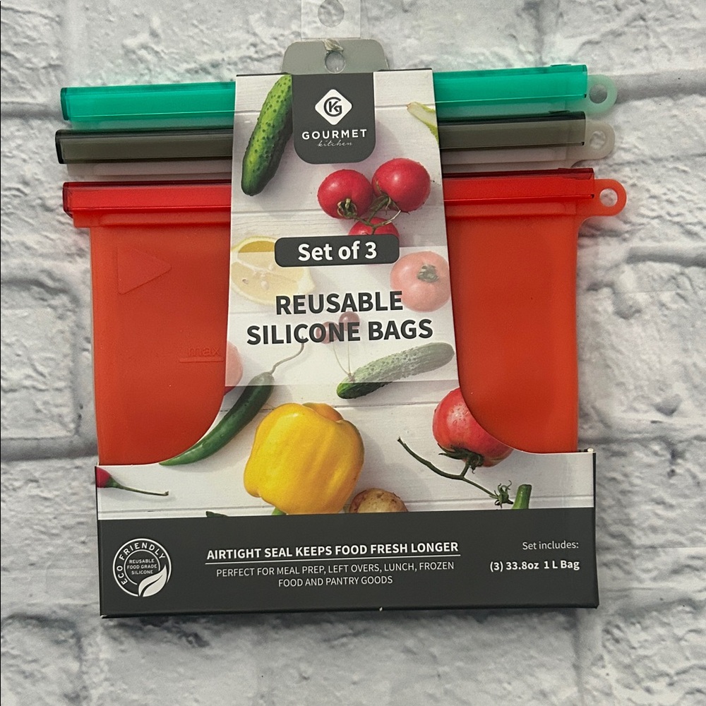 Reusable Silicone Bags Set of 3 - Red, Green, Gray